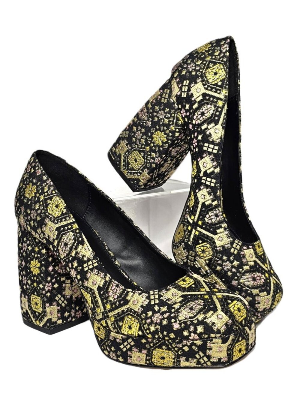 Katy Perry The Uplift Pump Sz 8.5 Black Gold Brocade Platform Block High Heels - Picture 1 of 10